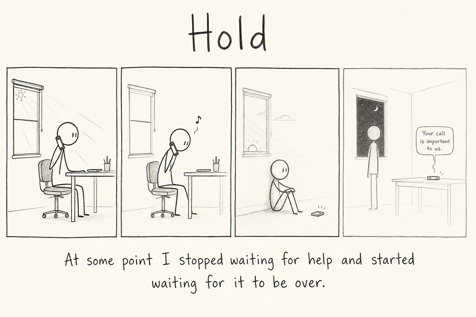 At some point I stopped waiting for help and started waiting for it to be over. Hold